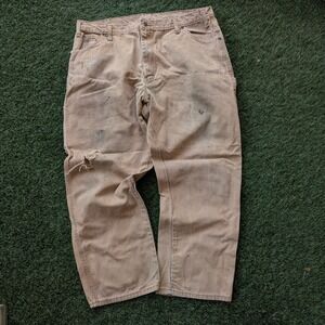 Distressed Dickies Mens Workwear Pants 40x30 Relaxed Fit Baggy Tan Heavy Canvas
